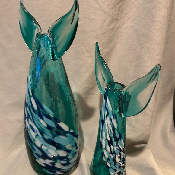 Set of 2 hand blown whales tails vases